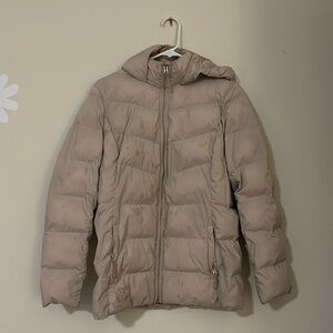 Tan puffer jacket with hood heat brand